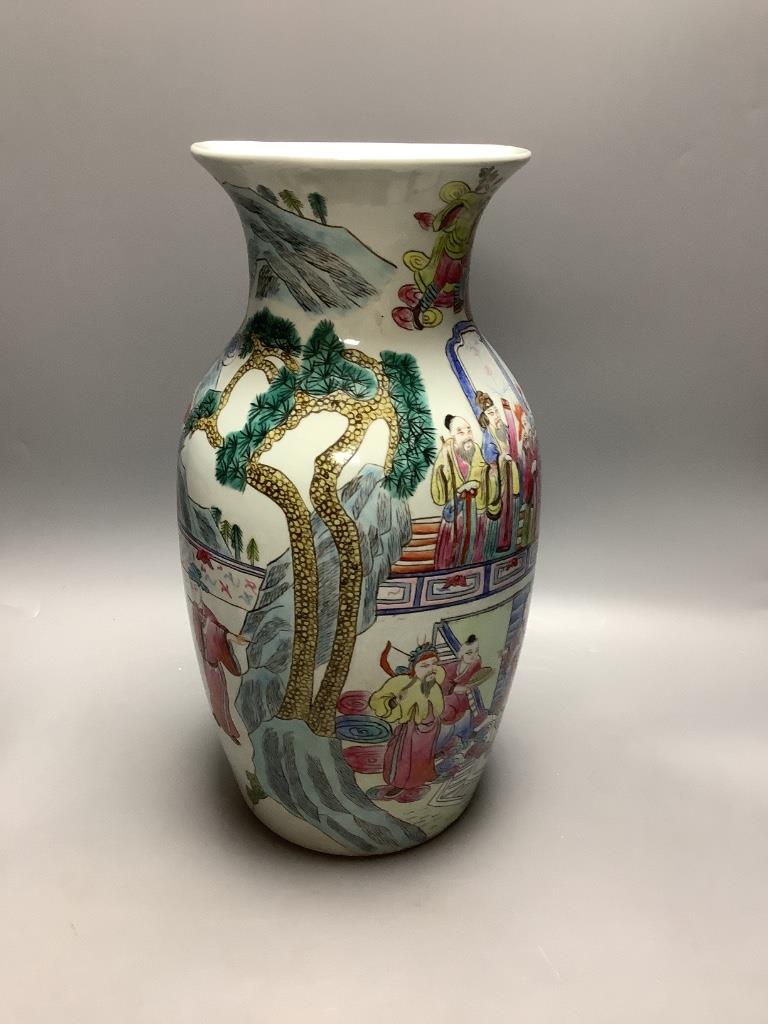 A Chinese enamelled porcelain baluster vase and three Chinese prunus blossom ginger jars, tallest 39cm